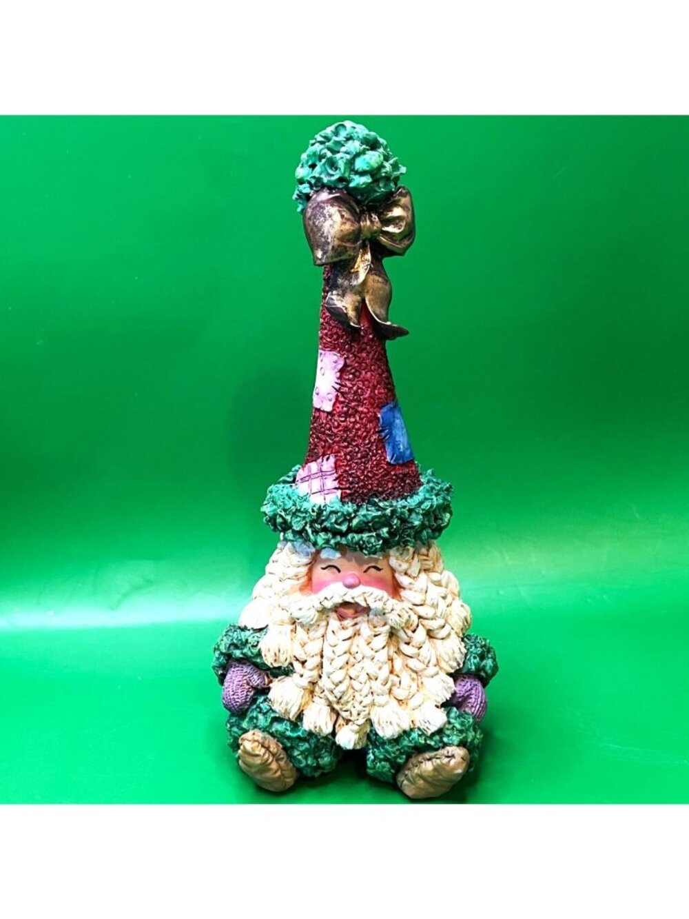 VTG Ceramic Santa Gnome Figurine Tall Patchwork Hat Braided Beard Holiday Décor
